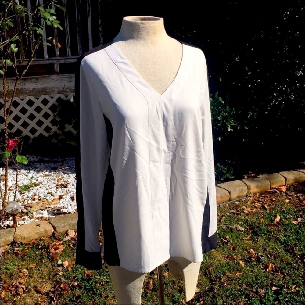 Calvin Klein Pleated V-Neck Roll-Tab Long Sleeve